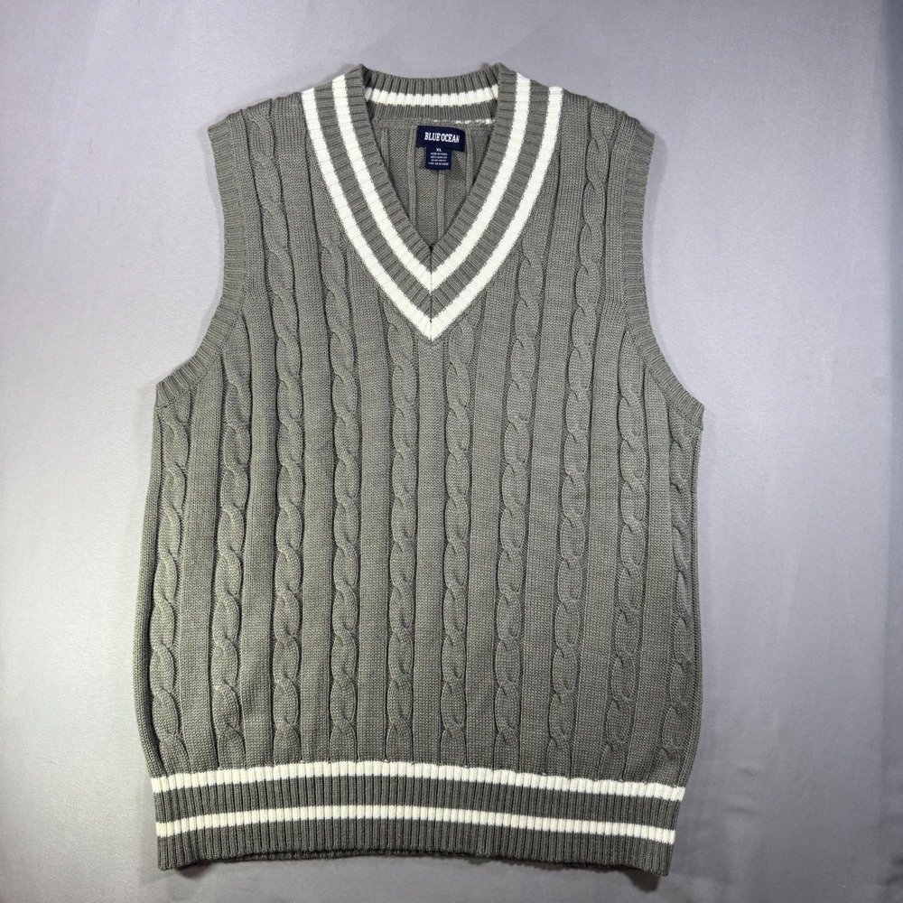 Blue Ocean Mens XL Grey Cable Knit V-Neck Sweater Vest Varsity Stripe Preppy